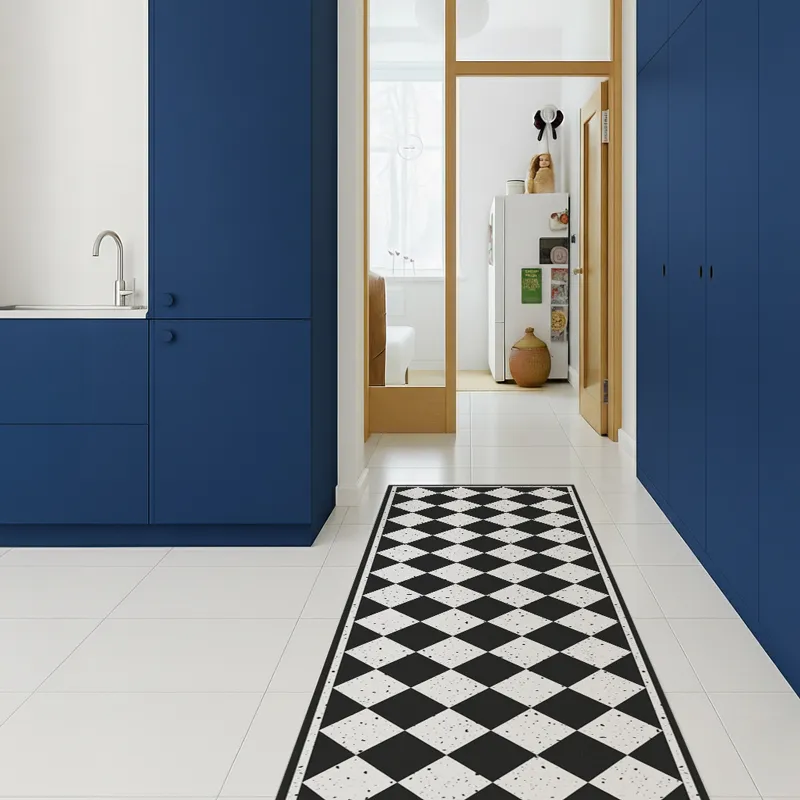 Tapis Vinyle Retro B&W Effet Matière Motif Damier