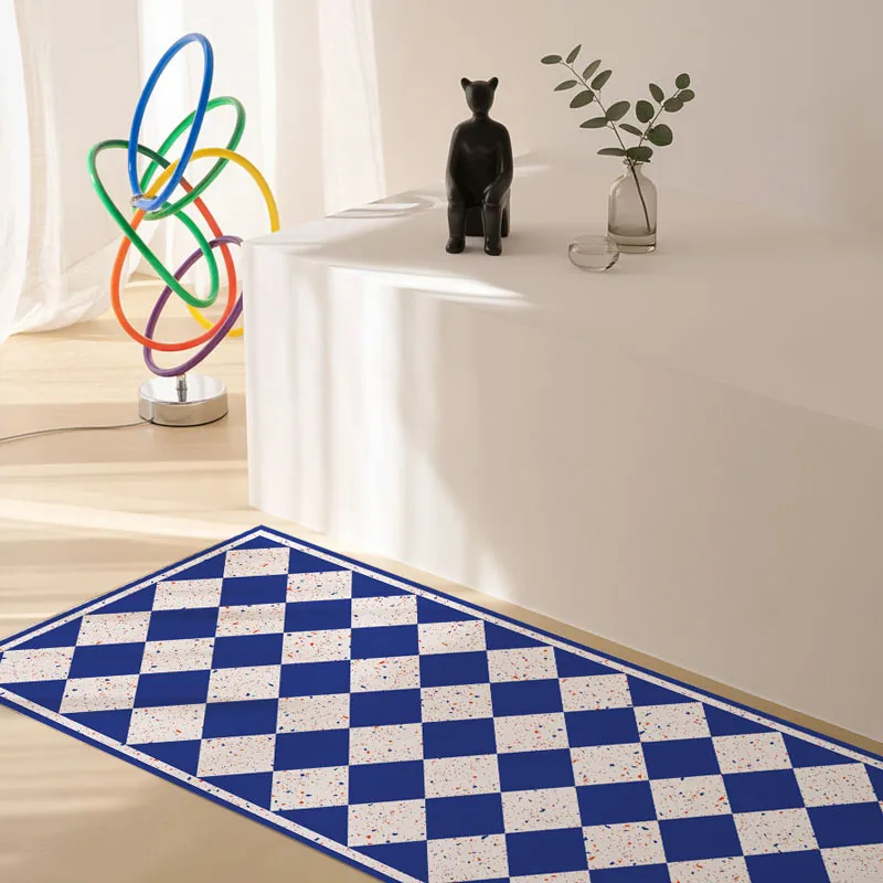 Tapis Vinyle Retro Terrazzo Bleu Effet Matière Motif Damier - 99DECO