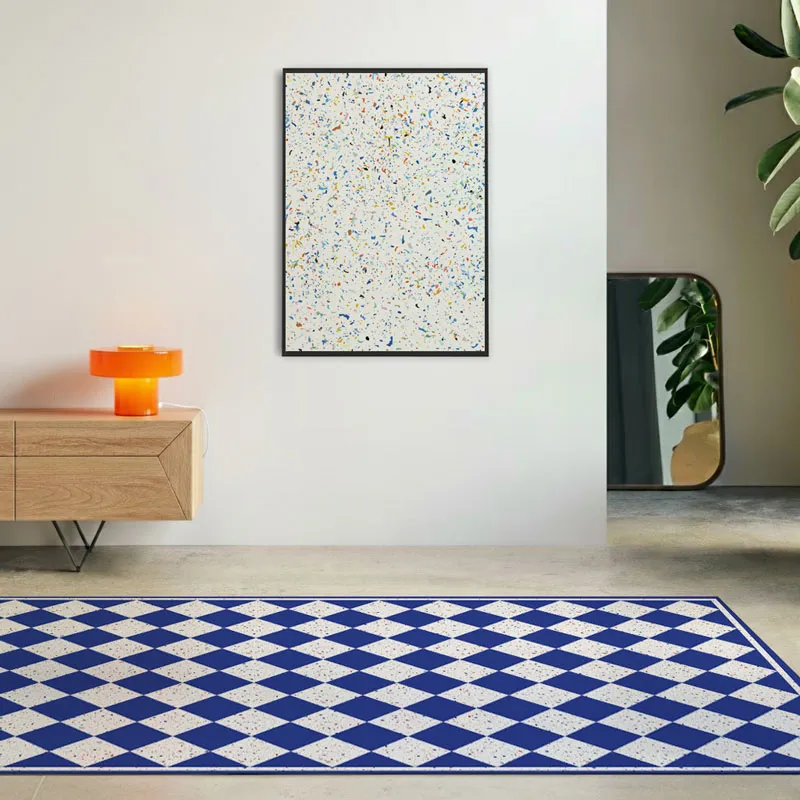 Tapis Vinyle Retro Terrazzo Bleu Effet Matière Motif Damier - 99DECO