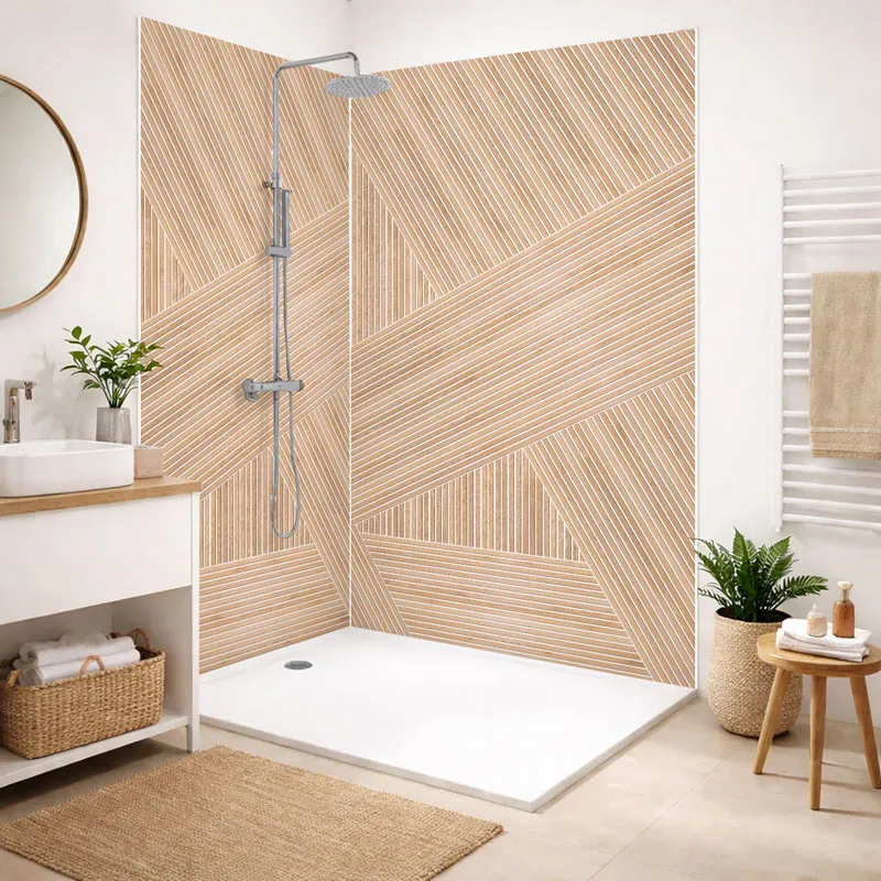 Panneau mural de douche Ikigai Blanc - Design graphique bois clair | 99 Déco