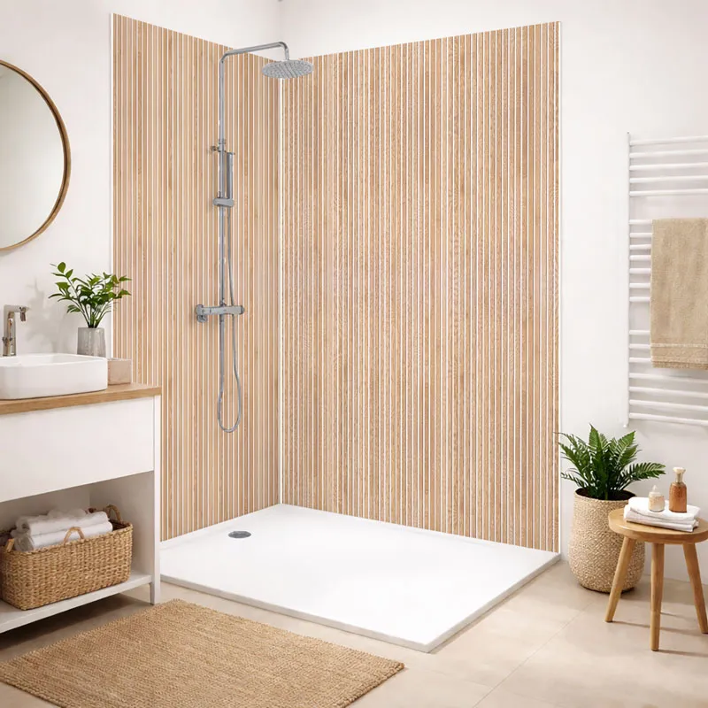 Panneau mural de douche Japandi Blanc - Design graphique bois clair | 99 Déco