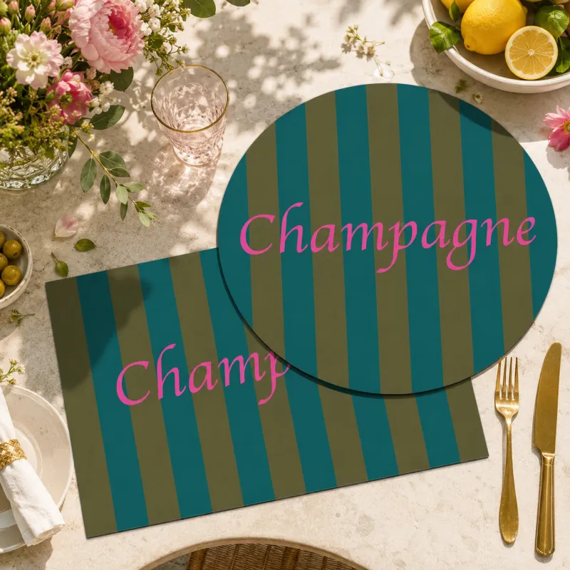 Set de table Champagne - Motif rayures bleu et vert - 99 Déco