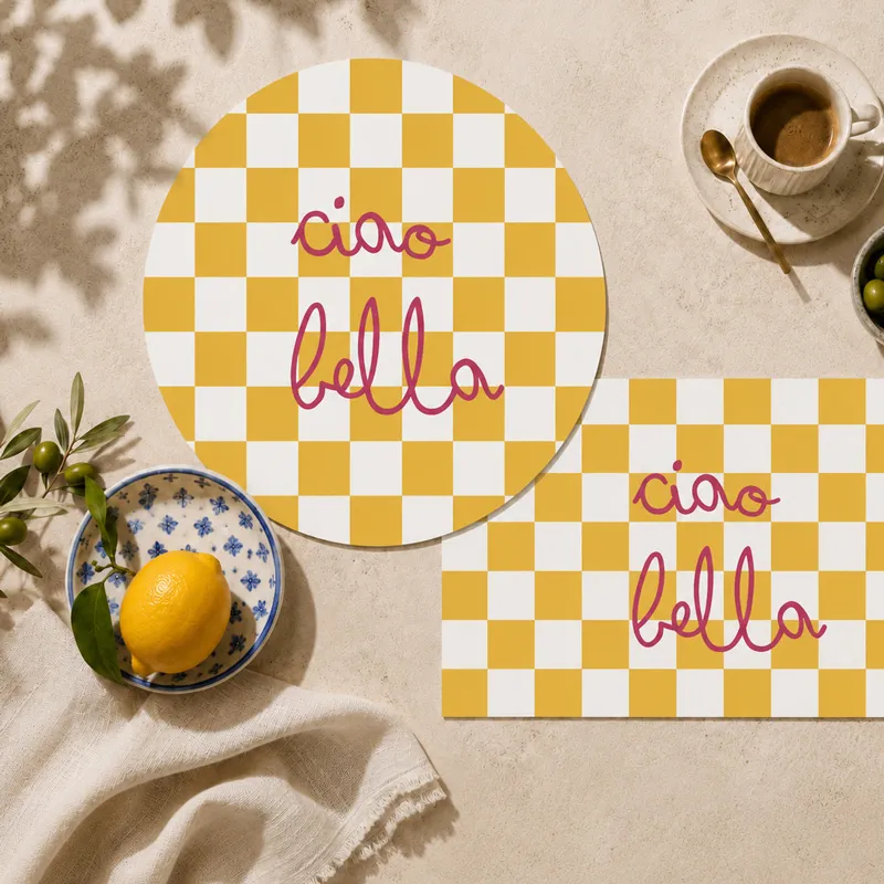 Set de table Ciao Bella - Motif damier jaune - 99 Déco