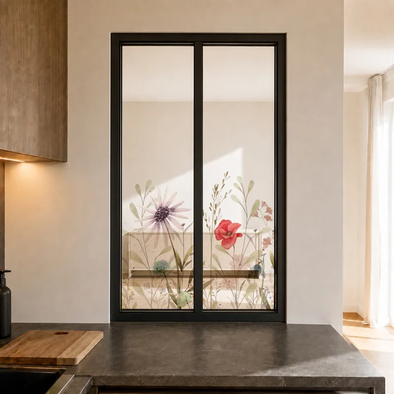Verrière intérieure décor floral Herbier - Aluminium noir mat - 99 Déco