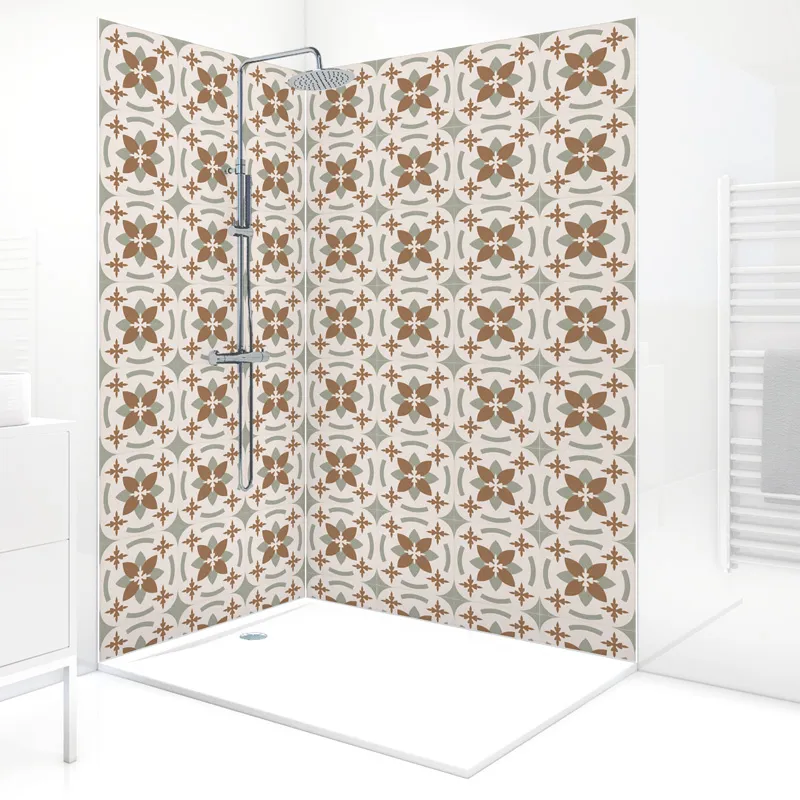 Panneau mural de douche Dahlia Ocre et Vert - Design carreaux de ciment | 99 Déco