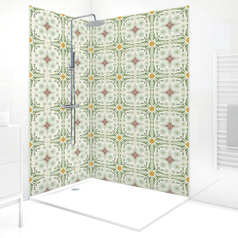 Panneau mural de douche Corolle et Vert - Design carreaux de ciment | 99 Déco