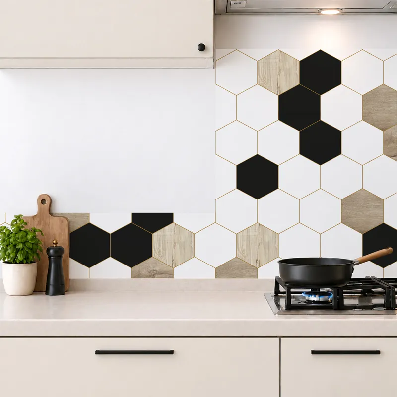 Crédence cuisine aluminium hexagones bois | 99DECO