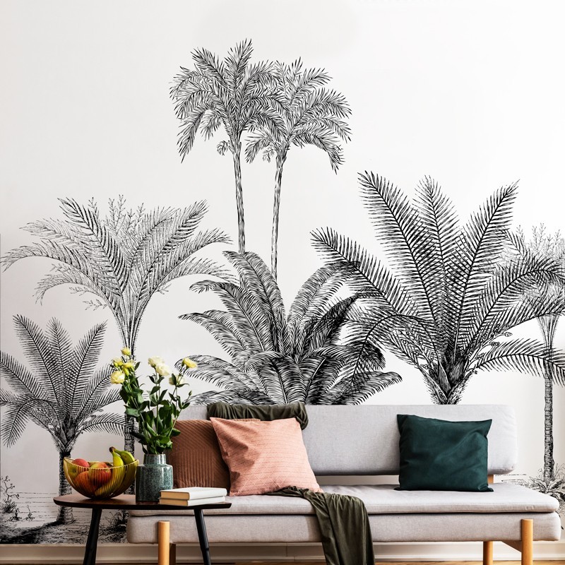 Papier peint panoramique avec éventail de palmiers plumeaux