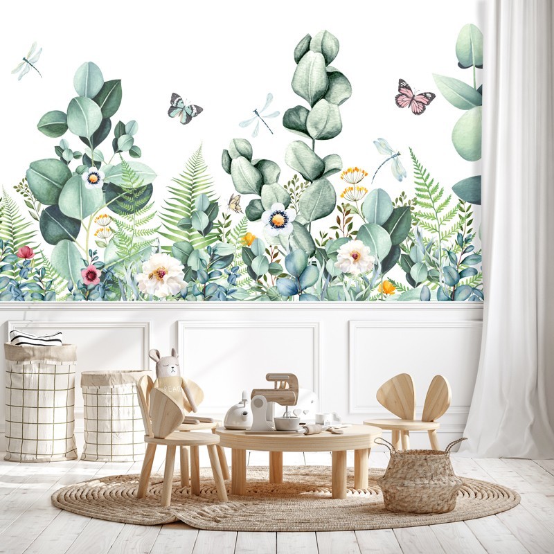 Papier peint panoramique chambre enfant, motif jardin printanier