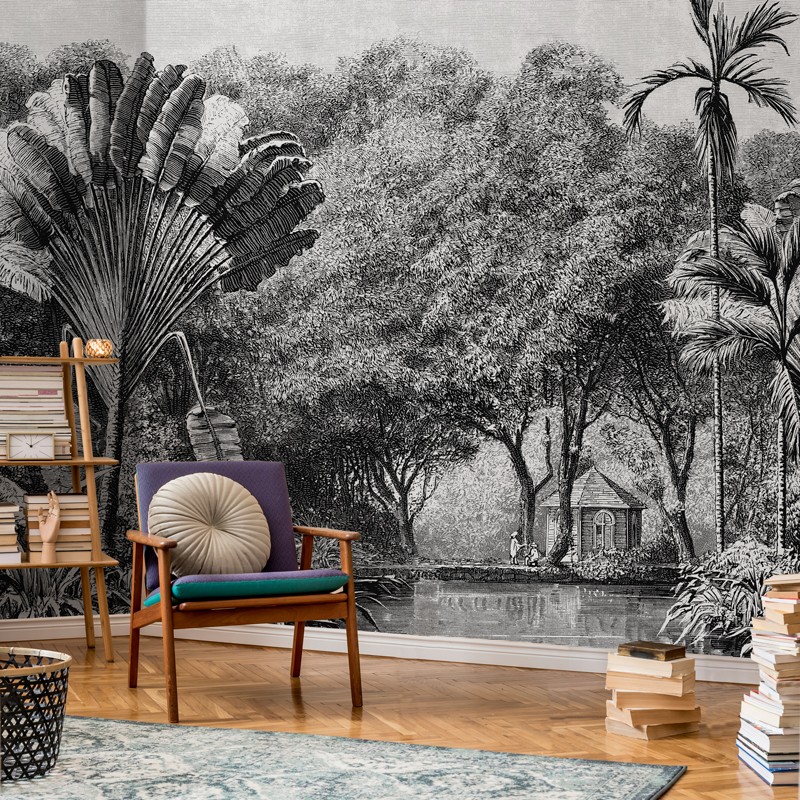 Papier peint panoramique noir et blanc, jardin et cabane en Martinique