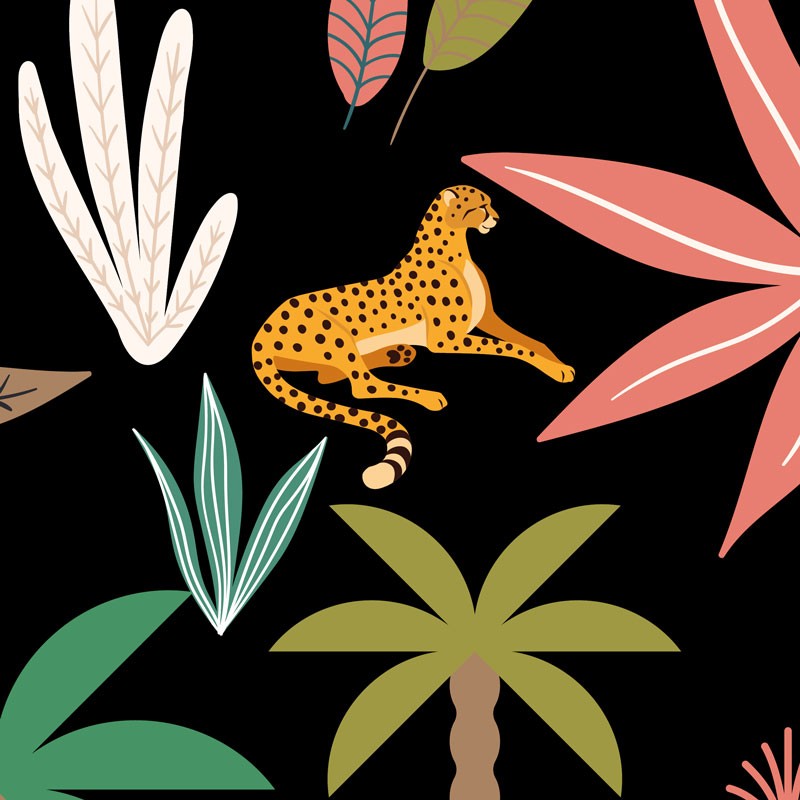 Papier peint jungle fond noir avec feuillage coloré Papier peint jungle fond noir avec feuillage coloré